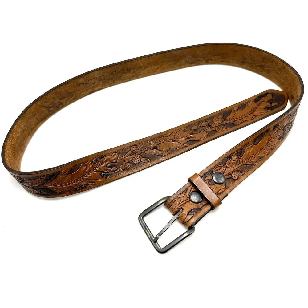 Vintage Brown Leather Western Belt 38 Tooled Leaves Cowboy Cowgirl Boho Hippie